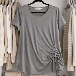 Susan Graver Gray Short Sleeve Ruched Side Top XL 'Liquid Knit' Blouse